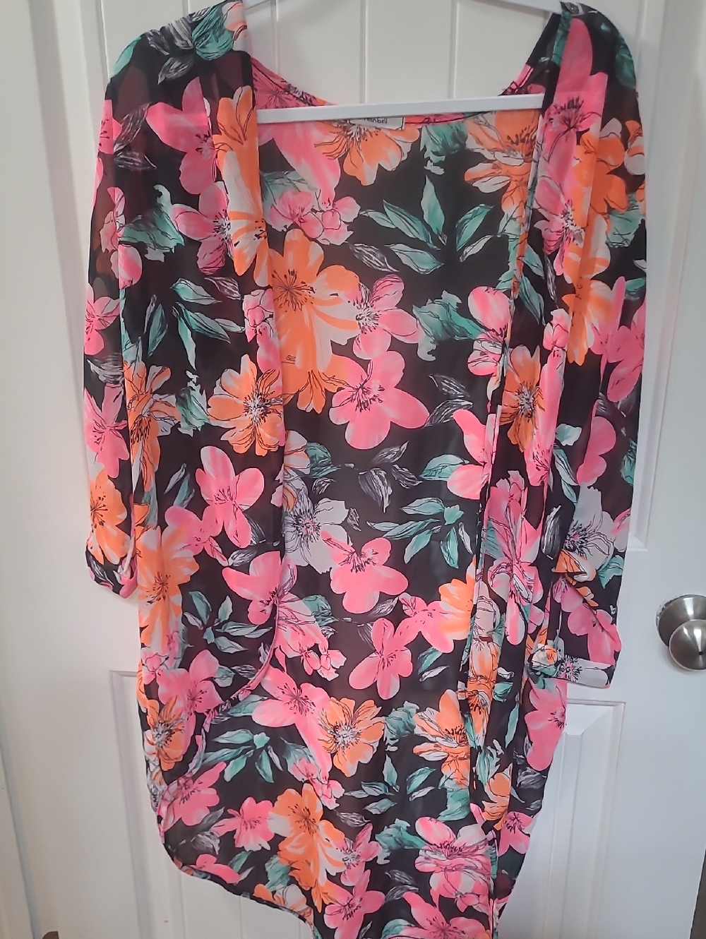 TeenBell S Floral Open-Front Kimono Cardigan - Black with Pink & Orange Flowers